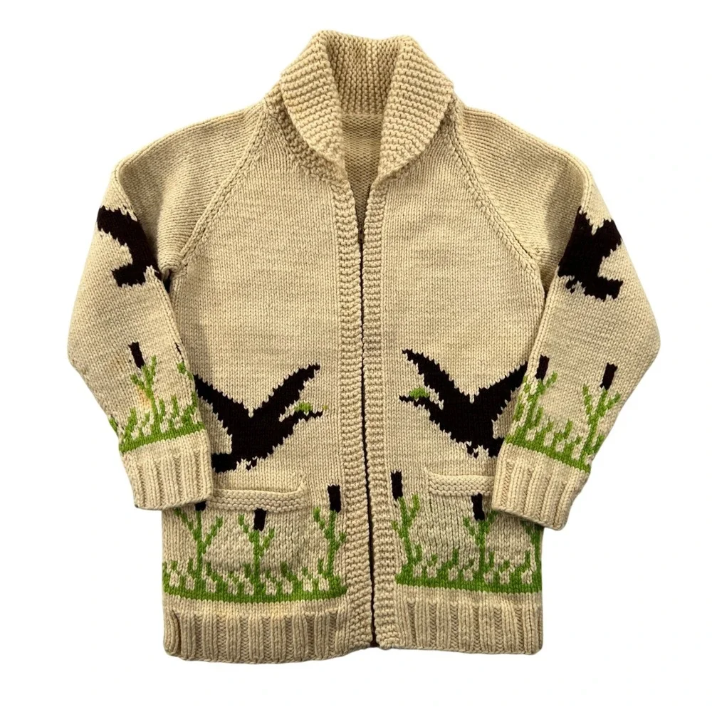 Vintage 60s Mary Maxim Cowichan Duck Hunting Wool Cardigan Men Medium Cream